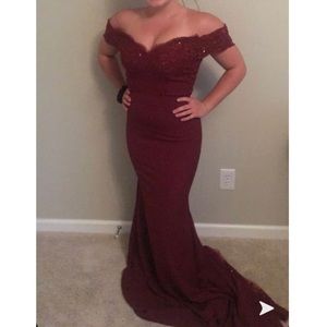 Burgundy tight fitted floor length dress